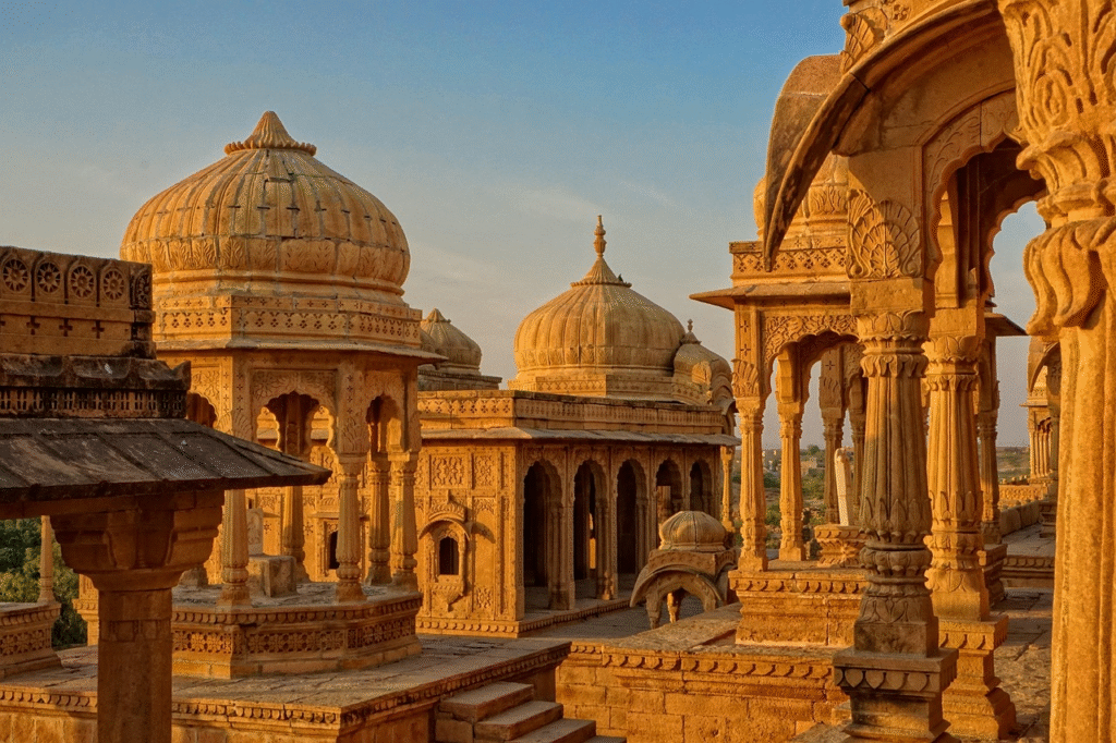 Cenotaphs of Bada Bagh in Jaisalmer, a serene temple-style architectural complex overlooking the Thar Desert.