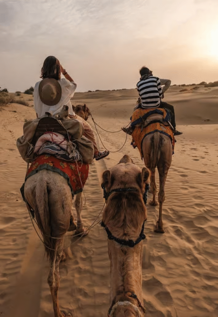 Travellers walking alongside camels across the Sam Sand Dunes near Rumi’s Desert Camp in the Thar Desert.